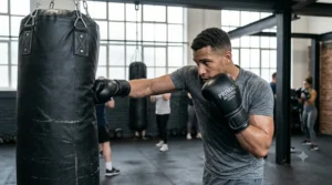 Boxer striking a heavy bag during a workout while wearing 12oz gloves for punch bag training.