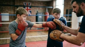 Close-up illustration of the wide elasticated hook-and-loop wrist strap on boxing gloves for kids beginners, showing how it secures small wrists.