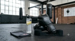 Flat lay of essential boxing gear featuring the best bag gloves, hand wraps, and training equipment for punch bag workouts.