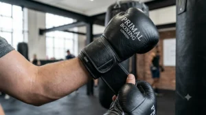 Close-up of a boxer tightening the strap on a boxing bag glove, showcasing the secure training wrist support for heavy bag work.