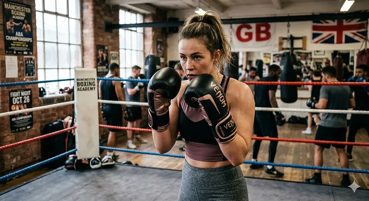 A sportswoman in a UK gym wearing premium black and rose gold women's boxing gloves in a defensive guard stance.