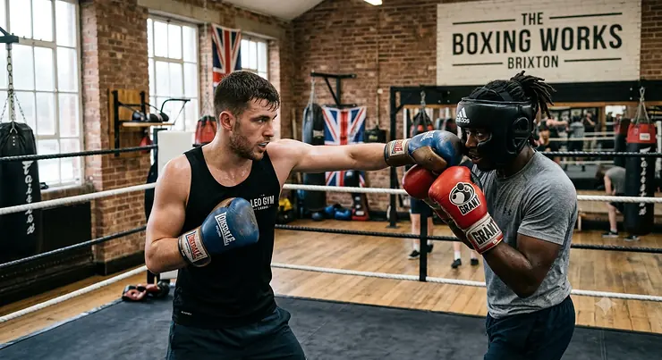 Pair of top-rated leather boxing gloves and protective hand wraps on a canvas ring mat, showcasing the best boxing gloves for UK fighters.