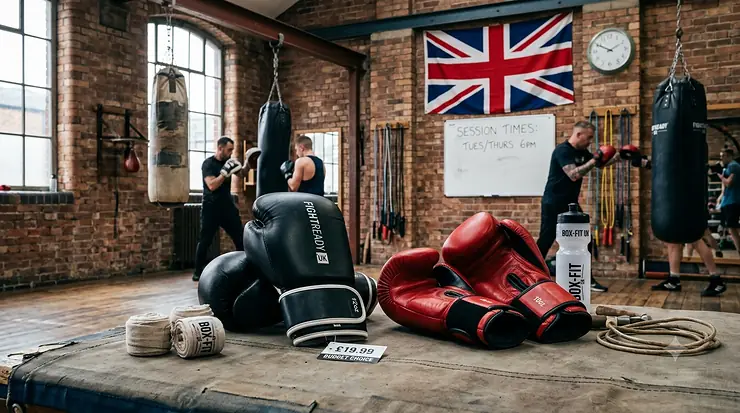 A pair of premium black and vibrant red boxing gloves displayed on a vintage canvas gym mat inside an authentic British boxing gym, featuring an industrial brick backdrop, Union Jack flag, and a price tag reading £19.99 to highlight budget choices. boxing gloves under £20