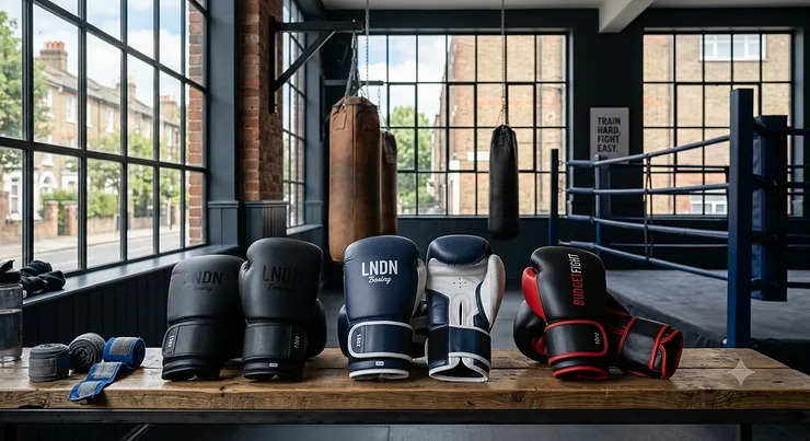 A selection of affordable entry-level budget boxing gloves in black, gold, and white displayed against a neutral background.