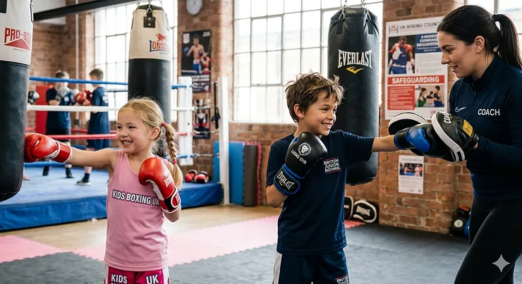 A young boy and girl training with a female coach in a British junior boxing gym, wearing protective kids boxing gloves.