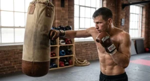 An athlete striking a heavy punch bag whilst wearing the best MMA gloves for everyday gym training and workouts.