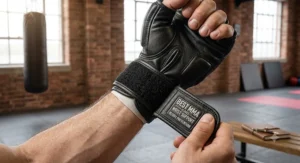 Detailed view of a secure hook-and-loop wrist strap on the best MMA gloves for wrist stability and injury prevention.