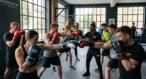A group of people in a UK fitness gym wearing colourful, value-for-money boxing gloves during a boxercise workout.