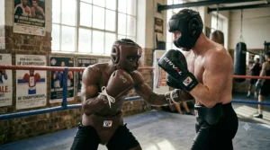 Two amateur boxers wearing protective headguards and large sparring gloves during a training session in a British boxing club.