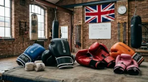 A collection of affordable boxing gloves in various sizes and colours, including blue, black, red, orange, and pink, arranged alongside traditional cotton hand wraps on a canvas mat in a British training facility.
