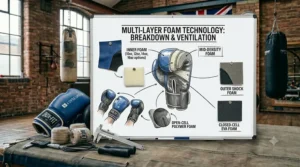 A technical whiteboard diagram detailing multi-layer foam technology, showcasing a breakdown of mid-density foam, outer shock foam, and closed-cell EVA foam used in entry-level boxing gloves.
