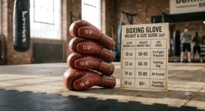 Sizing guide chart matching a boxer’s body weight to the correct glove size in ounces, ensuring optimal hand protection.