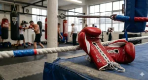 Pair of red competition boxing gloves resting on a ring edge with boxers training in the background, emphasizing the preparation required before gloves are laced up over hand wraps.