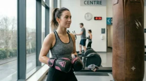 Detailed view of the mesh palm interior on a pair of pink gloves for women's boxing fitness, showing ventilation holes for moisture control.