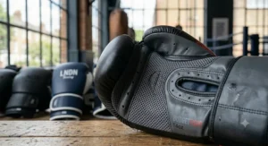 Underside view of a budget boxing glove highlighting the breathable mesh palm and ventilation holes for air flow.