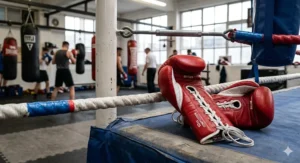 High-detail view of a red competition boxing glove showing the traditional white laces contrasting against a modern hook and loop alternative for professional wrist support.