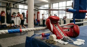 Close-up of competition boxing gloves sitting alongside medical gauze pads, hand wraps, and a mouthguard, showing the sleek, low-profile padding of fight gloves compared to bulky sparring gear.