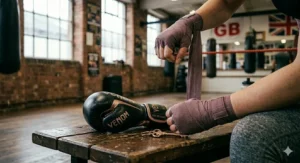 A woman meticulously applying mauve supportive hand wraps to her hands while seated on a gym bench next to her black and rose gold boxing gloves.