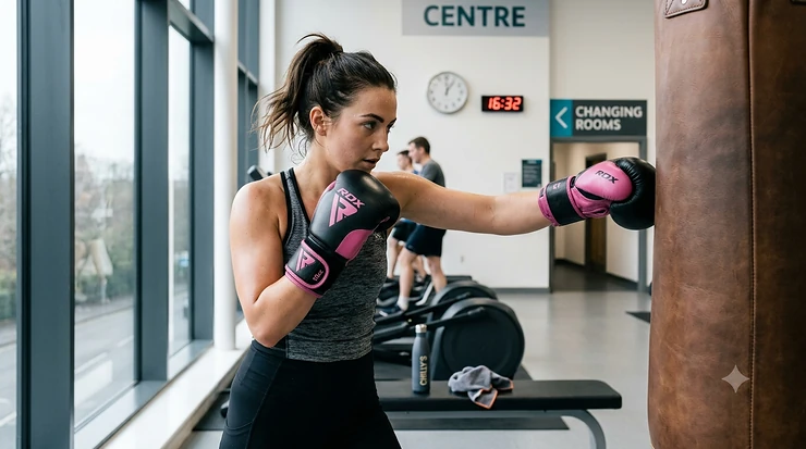 A woman at a UK fitness gym wearing leather gloves for women's boxing fitness while punching a heavy punchbag during a high-intensity workout.
