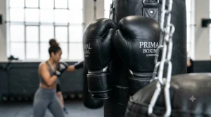 Athlete practicing combinations on a heavy bag using specialised heavy bag boxing gloves in a UK training facility.