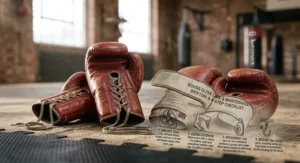 Step by step maintenance illustration demonstrating how to properly dry, clean, and deodorise boxing gloves after a workout.