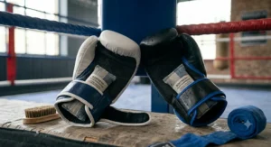 A pair of budget boxing gloves drying out with moisture-absorbing deodoriser pouches inserted inside them.