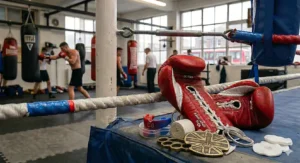 Premium red competition boxing gloves displayed with essential fight-night equipment, including a protective gum shield, hand wraps, a