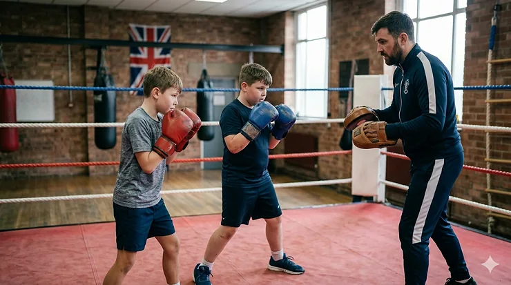 An annotated illustration highlighting the multi-layered foam padding and thumb lock safety features built into boxing gloves for kids beginners.