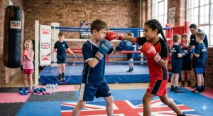 Two British children sparring in a boxing club over a Union Jack mat, showcasing blue and red junior boxing gloves.