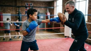 A comprehensive sizing guide chart detailing the correct ounce weights, like 4oz and 6oz, of boxing gloves for kids beginners based on age and hand size.