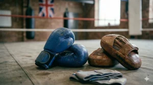 An illustration of a young girl training at home using a junior hanging punch bag while wearing protective boxing gloves for kids beginners.