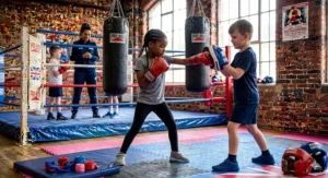 A young girl practicing punches on focus mitts held by a boy, featuring a complete junior boxing training set with headguards.