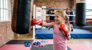 A young girl in a pink top practicing her punches on a hanging leather punch bag while wearing red kids boxing gloves.