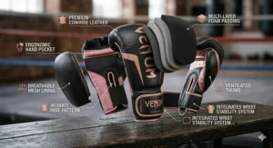 An exploded diagram of a black and rose gold women's boxing glove, highlighting premium cowhide leather, multi-layer foam padding, an ergonomic hand pocket, and a breathable mesh lining.