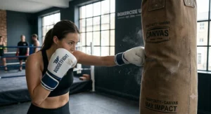 A boxer striking a heavy hanging punchbag while wearing padded, entry-level training gloves.