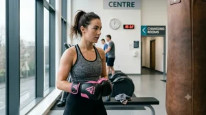 A group of women in a London fitness studio wearing colourful boxing fitness gloves during a Boxercise class with an instructor.