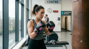 An informational infographic guide mapping out glove sizes in ounces for ladies boxing fitness, showing 10oz and 12oz recommendations based on body weight.