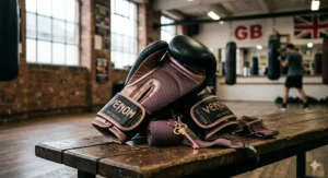 A close-up of premium black and rose gold boxing gloves for women resting on a rustic wooden bench in a British gym next to a set of protective hand wraps.