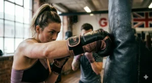 A close-up shot of a woman connecting a punch onto a heavy punch bag, showing the secure wrist support and compact fit of her women's boxing gloves.
