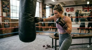A focused sportswoman throwing a punch at a black heavy hanging bag in a British boxing ring, wearing specialised women's training gloves.