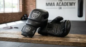 Black 7oz MMA sparring gloves with injection-moulded foam padding designed to protect training partners during combat sports practice.
