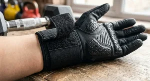 Close-up of the adjustable hook-and-loop wrist wrap on women's full finger workout gloves