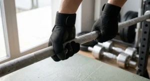 Full finger workout gloves under £15 gripping a steel barbell during weight training