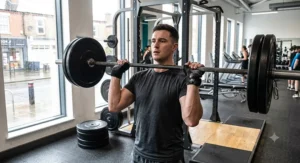 A man using the best budget weightlifting gloves while lifting a barbell in a British leisure centre.