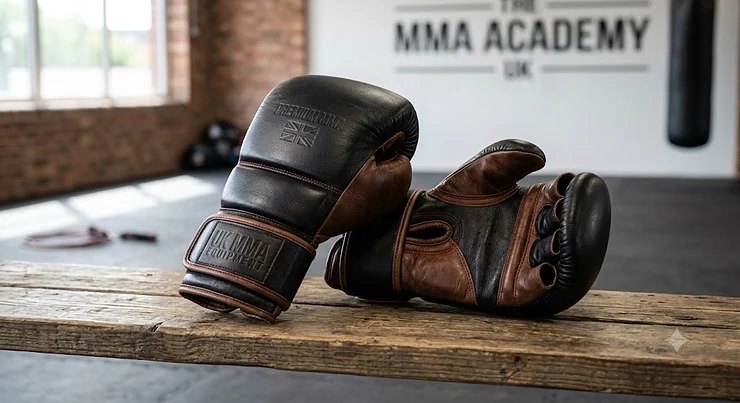 A pair of premium leather gloves for MMA sparring displayed against a clean background, ideal for mixed martial arts training in the UK.