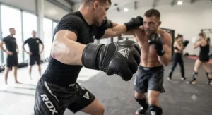 An athlete wearing the best grappling gloves during a competitive MMA sparring session.