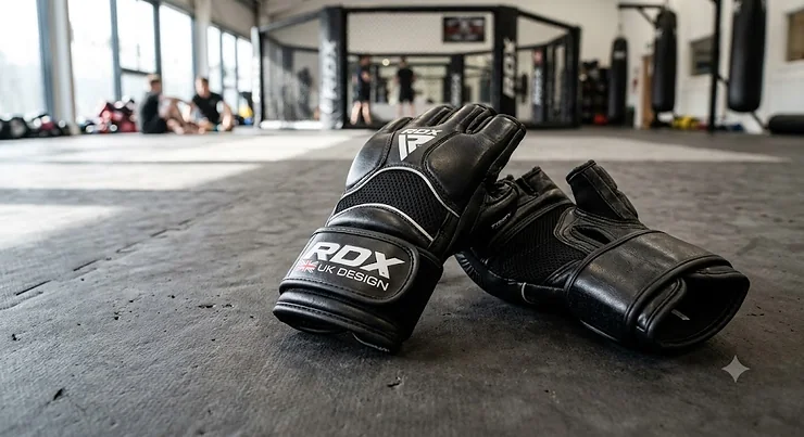 A pair of the best grappling gloves for UK MMA training, displayed on a gym mat.