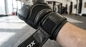 Close-up of the best grappling gloves featuring heavy-duty hook and loop wrist support for ultimate protection.