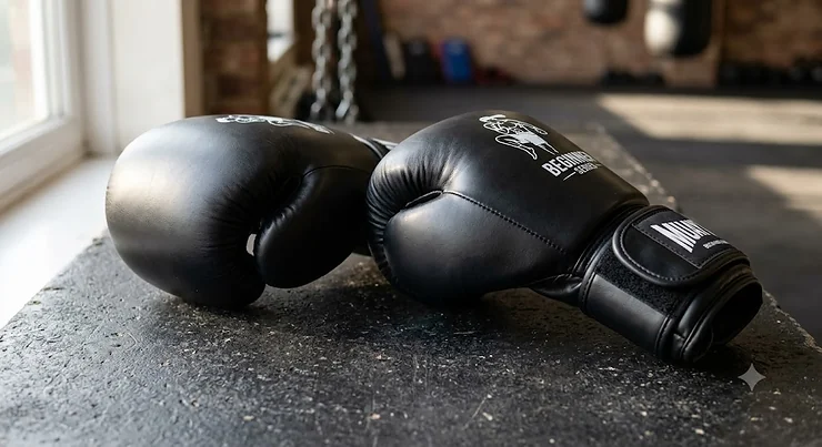 A pair of synthetic leather Muay Thai gloves for beginners on a dark background, ideal for UK gym starters.