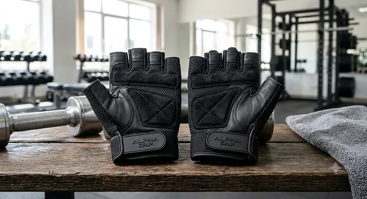Pair of black half finger gym gloves with padded palms and breathable fabric for weightlifting.